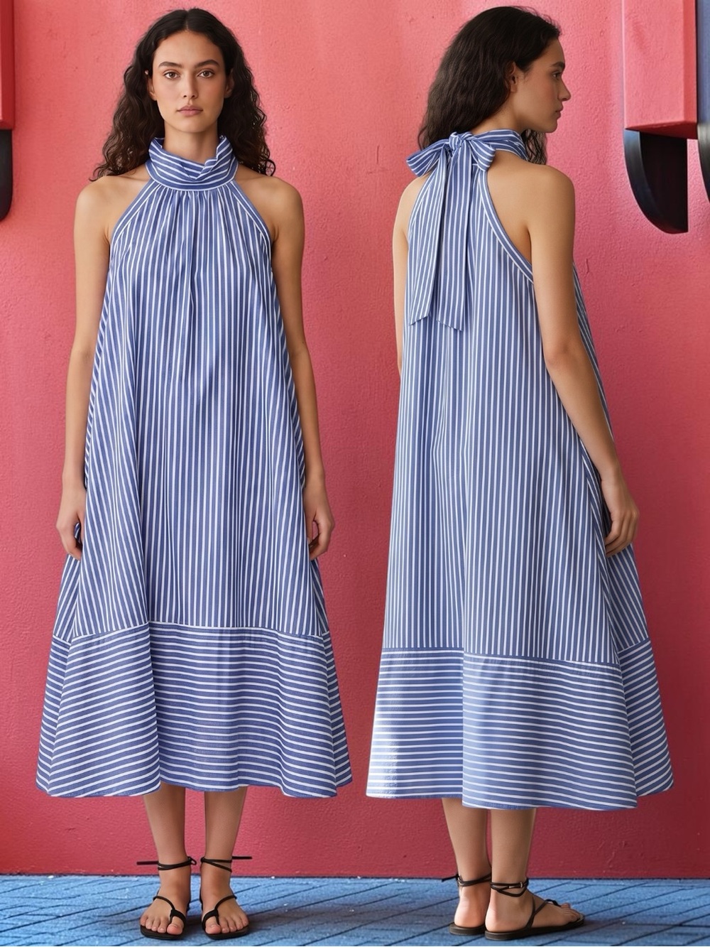 Fabiana Pigna Women’s Blue & White Stripe Halter-Neck Relaxed Midi Dress Size S